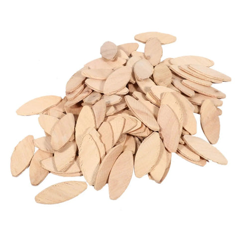 Pile of assorted No 20 wood biscuits for tenon joints, 100 pcs, beech wood, ideal for woodworking projects, uniform size.