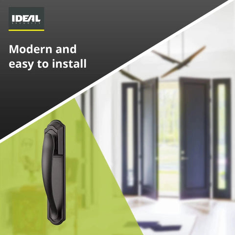 Pull Handle Replacement Kit For Storm And Screen Doors, Matte Black Finish, shown with doors open in modern room