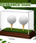 2 In 1 Golf Ball Display Case With Clear Acrylic Cube Stand, Wood Base And Turf Mat, Tee Holder, size dimensions visible
