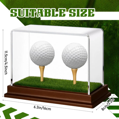 2 In 1 Golf Ball Display Case With Clear Acrylic Cube Stand, Wood Base And Turf Mat, Tee Holder, size dimensions visible