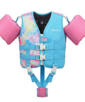 Three In One Kids Swim Vest With Detachable Arm Bands For Ages Two To Eight, full upper torso zip front, adjustable crotch strap.