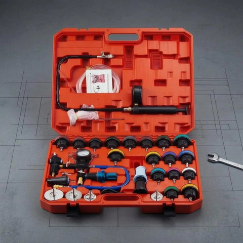 Complete Etyldya Cooling System Tester Set With Radiator Pressure Test Kit Gauge And Coolant Filling Pump Adapter. Essential 34-Piece Auto Care Tool For Home Garage Mechanics And Professional Service Stations. Durable Nylon Design Ensures Long-Lasting