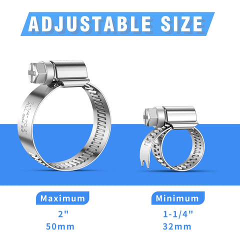PEROMI 12-pack stainless steel hose clamps, adjustable worm-drive, 32-50mm (1-1/4 to 2 in) front view.