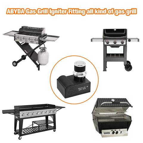 Four Outlet AA Battery Push Button Spark Generator Igniter For Grills with chrome cap CSA certified, image with various grills.