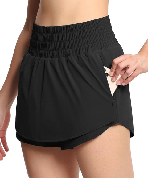 Woman wearing Athletic Skorts With Elastic Waistband Quick Dry 4 Way Stretch Fabric Mesh Liner Zipper Pockets Front Ruffle Hem