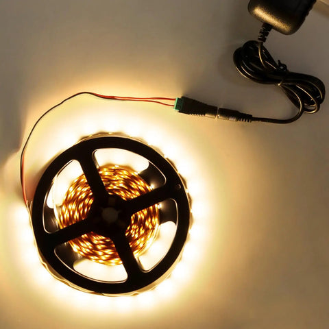 12V DC Power Supply For LED Strips 2A 24W Switching Adapter with SMD LED tape light, glowing on reel, connected plug