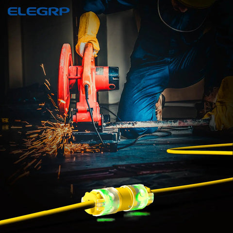 Lighted Straight Blade Electrical Plug And Connector Set 15 Amp 125 Volt NEMA 5 15P NEMA 5 15R 2 Pole 3 Wire Grounding Commercial Grade Yellow Replacement End For Heavy Duty Use