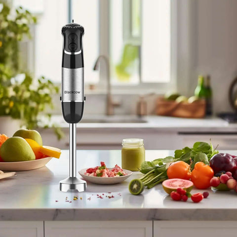 Heavy Duty Corded Hand Blender With Knockout Copper Motor And Twelve Speed Settings Plus Quick Pulse Turbo on kitchen counter with fruits and soup.