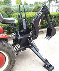 Beefed Up Backhoe Excavator Tractor Attachment With PTO Pump And Tank, side view, 10 inch bucket, attached to red tractor