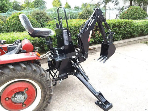 Beefed Up Backhoe Excavator Tractor Attachment With PTO Pump And Tank, side view, 10 inch bucket, attached to red tractor