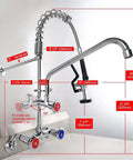 Commercial Kitchen Faucet With Sprayer Wall Mount Adjustable 4 To 8 Inch Center Pre Rinse Sprayer Valve 25 Inch High Arc 12 Inch Add On Spout Chrome Finish Industrial Grade Heavy Duty Faucet For Busy Kitchens featuring measurements and dimensions.