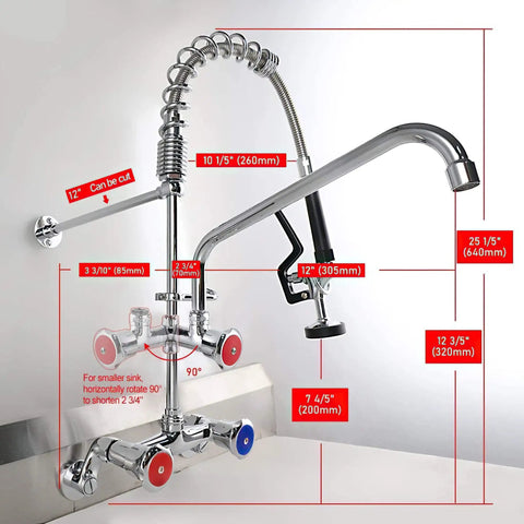 Commercial Kitchen Faucet With Sprayer Wall Mount Adjustable 4 To 8 Inch Center Pre Rinse Sprayer Valve 25 Inch High Arc 12 Inch Add On Spout Chrome Finish Industrial Grade Heavy Duty Faucet For Busy Kitchens featuring measurements and dimensions.