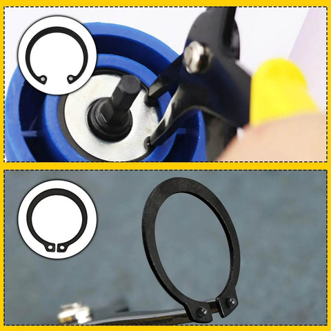 Two Pack 2 In 1 Snap Ring Pliers Set in use for installing and removing 10mm to 40mm circlips, shown in detailed action view.