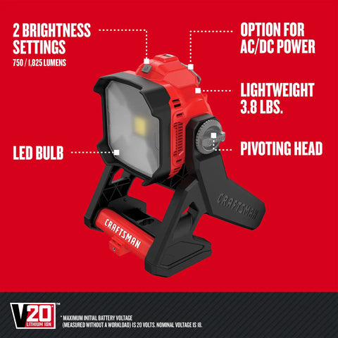 Cordless V20 LED Work Light For Small Areas Tool Only Portable Rechargeable Lighting With Pivoting Head 750 And 1825 Lumens AC DC Power Long Run Time Beast Light For Home Projects And Job Sites