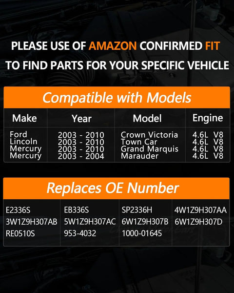 Chart showing vehicle models and OE numbers for Electric Fuel Pump Assembly For 2003 To 2010 Ford Crown Victoria Lincoln Town Car Mercury Grand Marquis 4.6L V8 And 2003 To 2004 Marauder 4.6L V8 Replaces SP2336H E2336S EB336S OE Numbers 4W1Z9H307AA 3W1Z9H307AB Plug And Play Fit V8 Sedans.