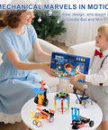 Hands-On Robot Building Kit for Kids Ages 6 to 13, Cool STEM Toys and Science Experiments in family setting with smiling children.