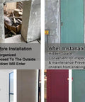 Before and after images of No Sweat Heavy Duty Flush Mount Aluminum Drywall Access Panel Paintable Wall Inspection Door installation.