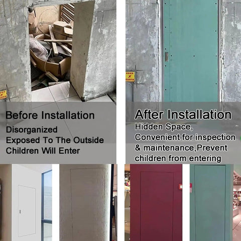 Before and after images of No Sweat Heavy Duty Flush Mount Aluminum Drywall Access Panel Paintable Wall Inspection Door installation.