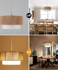 18 Inch Plug In Rattan Pendant Light With Premium Linen Shade Boho Ceiling Chandelier on and off in dining settings.