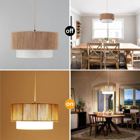 18 Inch Plug In Rattan Pendant Light With Premium Linen Shade Boho Ceiling Chandelier on and off in dining settings.