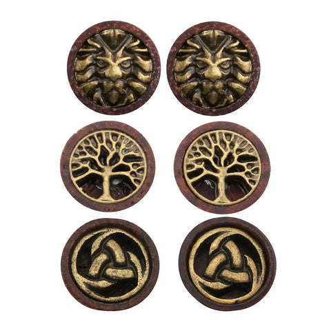 Three Pairs Organic Sono Wood Fake Ear Plugs Cheater Gauges 10Mm Illusion Screw Stud Earrings With Lion Head Tree Of Life Odin Horn Design