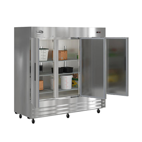 Built To Last Straight Up Heavy Duty Three Door Stainless Steel Commercial Reach In Refrigerator 72 Cubic Feet with shelves visible.
