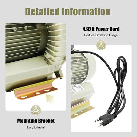 Built Tough 370W Air Pump Blower 110V 12Kpa High Pressure Workhorse Vortex Blower power cord and mounting bracket detail.