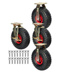 No Sweat 8 Inch Pneumatic Rubber Casters With Brakes Silent Swivel And Fixed Wheels 4 Pack Heavy Duty Cart Mobility Set For Hand Trucks Smooth Operator Style Quick Plate with gold brackets and red wheels.