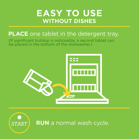 Diagram showing usage instructions for Odor Busting Dishwasher Cleaner Tablets Six Month Supply Clears Mineral Deposits Limescale And Grime