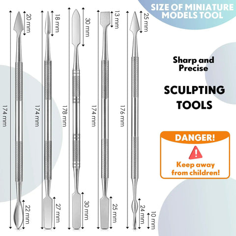Five Piece Miniature Sculpting Tools Set, Stainless Steel Double-Headed Craft Tools For Model Making, dimensions labeled with warning