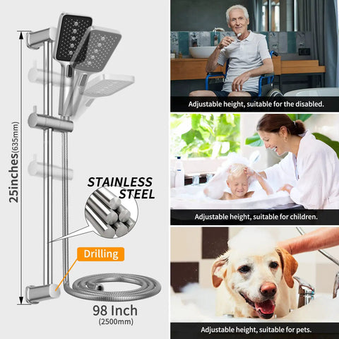 Dope Spa Like Rain Shower Kit With Handheld 12 Inch Square Rain Head and 90 Inch Hose with adjustable slide bar for flexible use