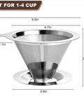 Stainless Steel Pour Over Coffee Filter Dripper For One To Two Cups, Paperless Reusable Coffee Maker, mesh cone design.
