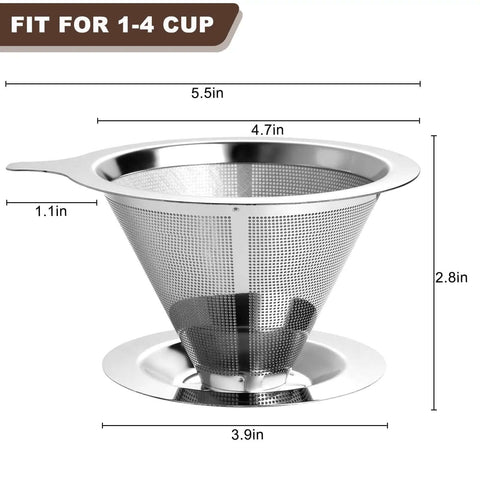 Stainless Steel Pour Over Coffee Filter Dripper For One To Two Cups, Paperless Reusable Coffee Maker, mesh cone design.