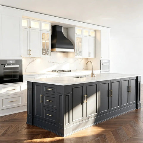 Modern kitchen with dark island, marble countertop, and 10 Pack Brushed Nickel And Gold Cabinet Knobs Set For Kitchen Cabinets