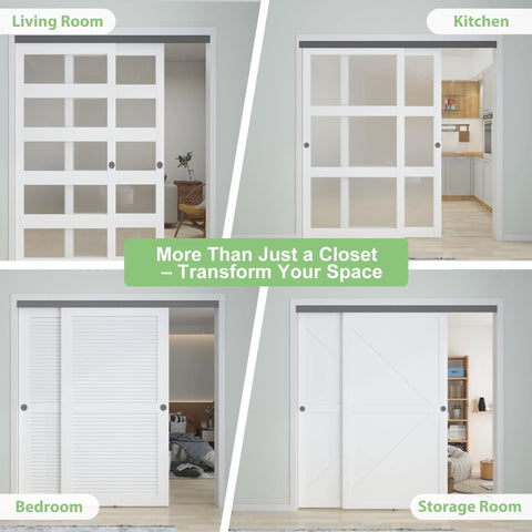 Heavy Duty Aluminum Bypass Door Hardware Kit for sliding closet doors in living room, kitchen, bedroom, and storage room.