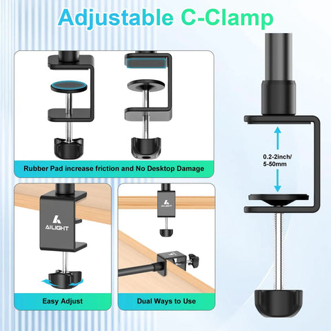 Adjustable C-clamp detail of Durable Adjustable Camera Desk Mount Stand With Quarter Inch Screw And C Clamp For Overhead Tabletop Use