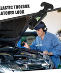 Mechanic using Two Pack Flexible Latch Kit For Toolbox And Cabinet Hoods, durable hood catch shown with engine bay