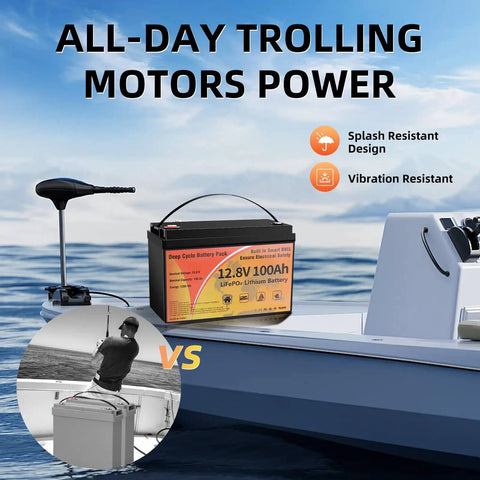12V 100Ah LiFePO4 Battery With Smart 100A BMS 15000 Plus Deep Cycles 10 Year Lifespan on a boat deck