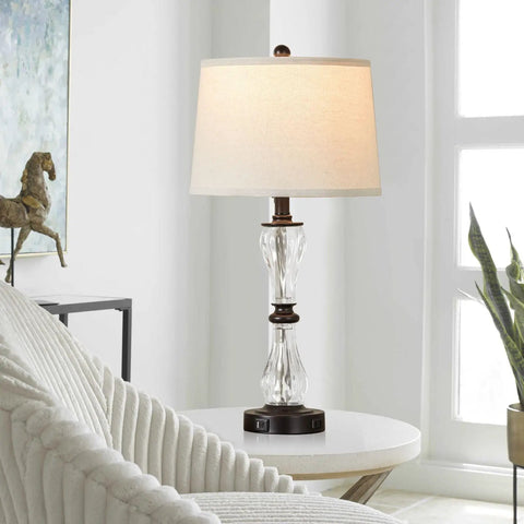 Three Way Dimmable Touch Control Glass Table Lamps Set Of Two With USB Ports And AC Outlet, 26 Inch beside sofa in living room