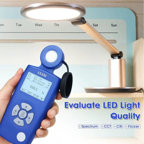 All In One Light Meter For Illuminance PPFD UV Index And Flicker Analysis High Precision Lux Meter And Color Temperature CRI Tester For LED Grow Lights And Indoor Agriculture, blue handheld unit