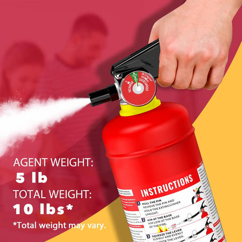 Close-up of ABC Dry Chemical Fire Extinguisher 5 Lb for Home Office and Car 2-A:10-B:C rated, quick release easy grip handle in use