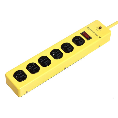 Heavy Duty Metal Surge Protector Power Strip With Six Outlets Fireproof MOV Protection LED Indicator On Off Switch Rugged Tough As Nails Industrial Grade Extension Cord For Home Office Or Workshop Use, close-up