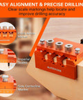 Pro Grade Adjustable Width Dowel Jig For Woodworking With Imperial Scale Centers showing drilling guide on wood.