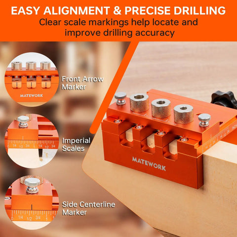 Pro Grade Adjustable Width Dowel Jig For Woodworking With Imperial Scale Centers showing drilling guide on wood.