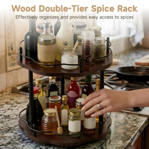 Wood Double Tier Lazy Susan Organizer For Kitchen And Pantry 12.99 Inch Rotating Turntable With spices on countertop