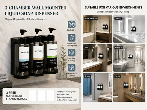 Three Chamber Shower Dispenser Set With No Drill Wall Mount Self Adhesive For Renters, Refillable 13.53 Oz Bottles in bathroom