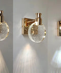 Crystal Bubble Wall Sconce LED Light In Nordic Gold Finish with glass bubble shade, elegant wall fixture showing three color temps