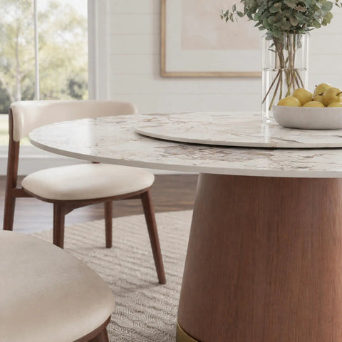 Built Different 53 Inch Round Dining Table Featuring Removable Lazy Susan Gold Ring Faux Marble Top with solid wood base and decor.