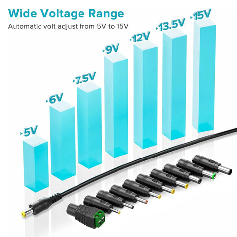 Universal AC Adapter Charger 45W All In One Power Supply With Multiple Voltages 5V 6V 7.5V 9V 12V 13.5V 15V displayed with 10 DC tips