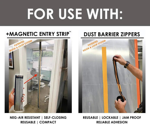 Mounting Strip Refills 12 Pack For Reusable Dust Barrier Zippers And Magnetic Entry Strips in use on doors and barriers